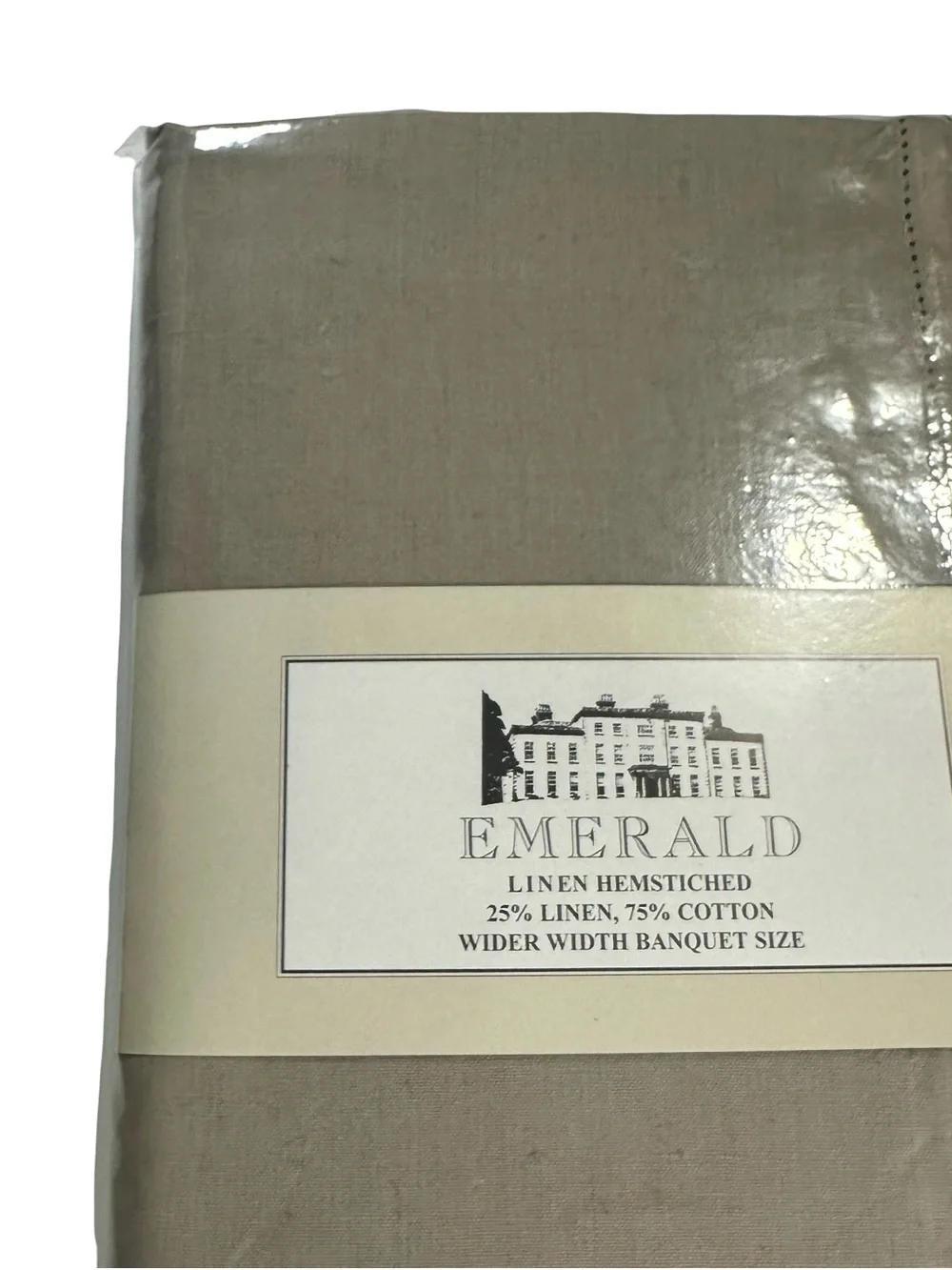 Emerald Linens Taupe Hemstitched Linen Cotton Tablecloth 70x90 Banquet Size NIP